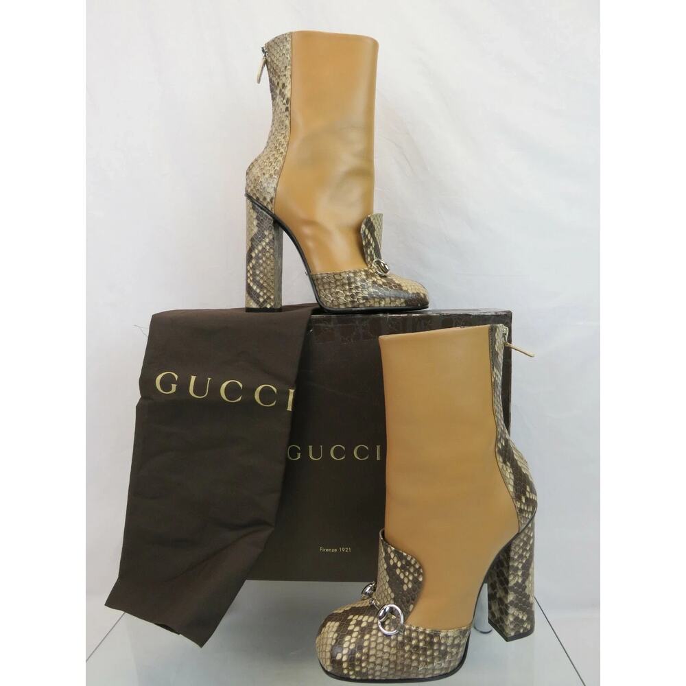 NIB GUCCI 363803 LILLIAN BEIGE PYTHON BROWN HORSEBIT ANKLE BOOTS 37.5 ITALY - Picture 2 of 9